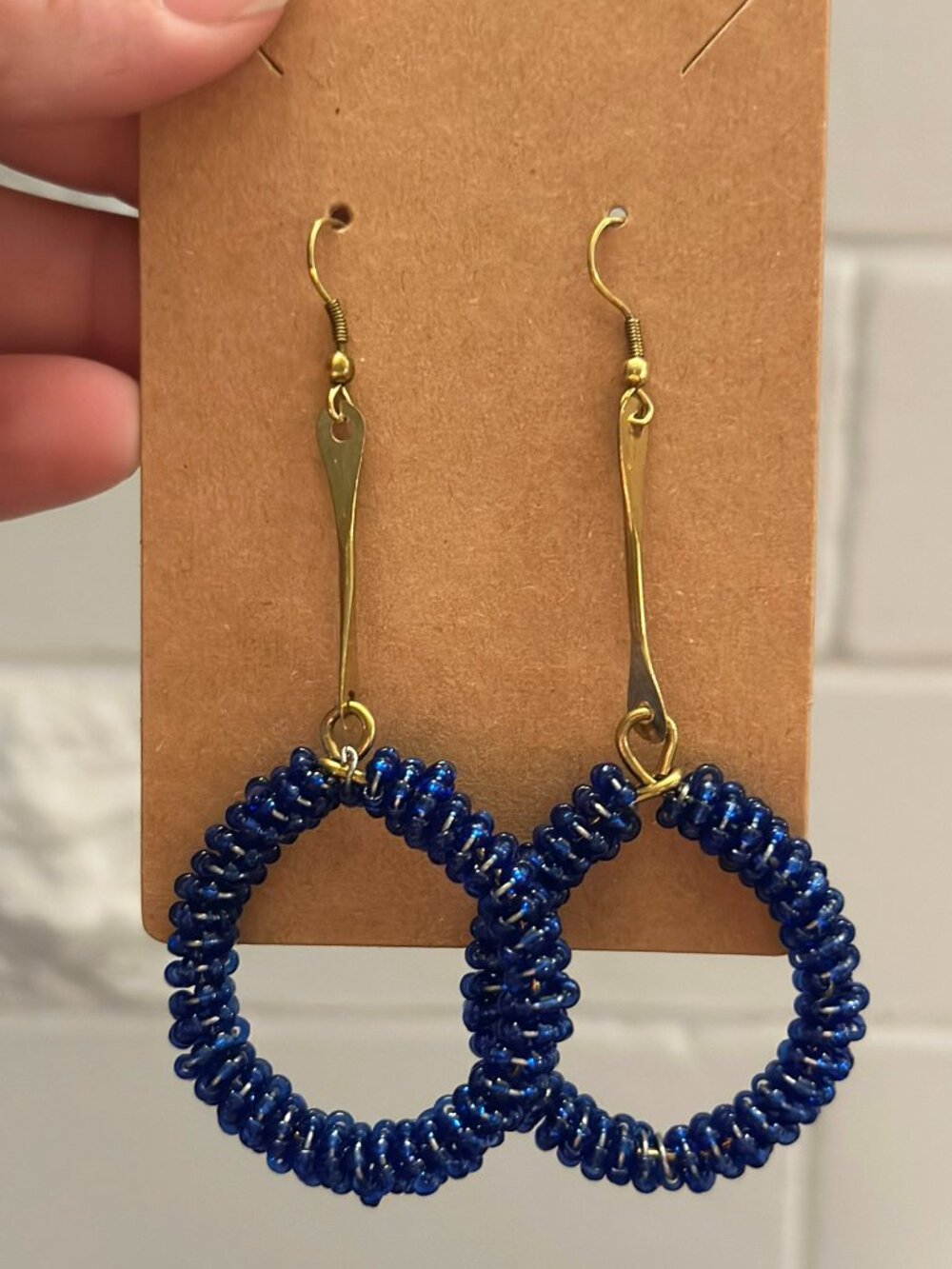 Handmade Blue Beaded Hoop Drop Earrings Maasai Boho Statement Earrings NEW